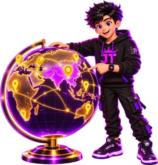 Jetty, the JTSMMPANEL mascot, next to a globe with pins on our customer countries