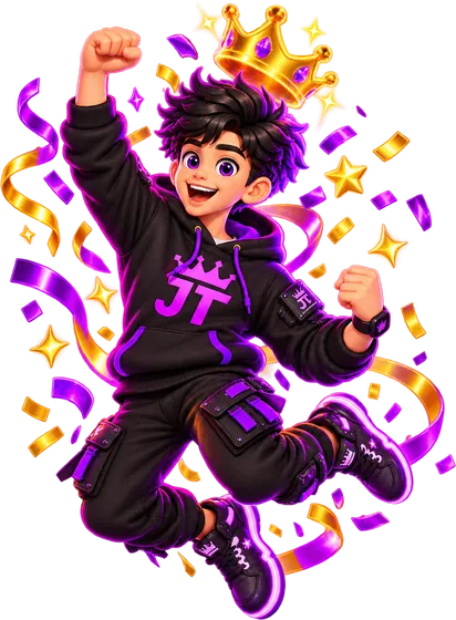 Jetty, the JTSMMPANEL mascot, jumping with a golden crown and confetti