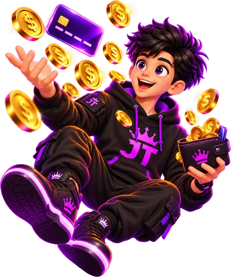 Jetty, the JTSMMPANEL mascot, catching gold coins and a card