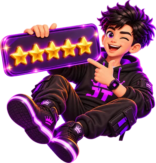 Jetty, the JTSMMPANEL mascot, holding a five-star rating card