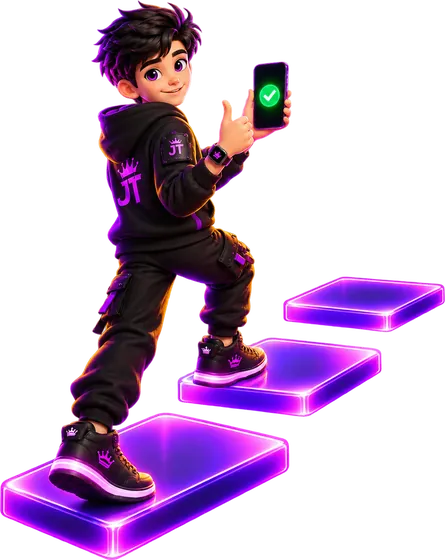 Jetty, the JTSMMPANEL mascot, walking up glowing steps with a completed order on his phone