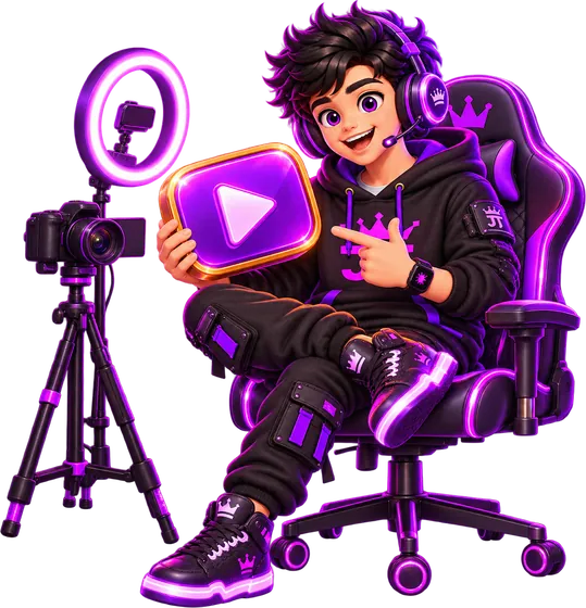 Jetty, the JTSMMPANEL mascot, sitting in a gaming chair holding a play button